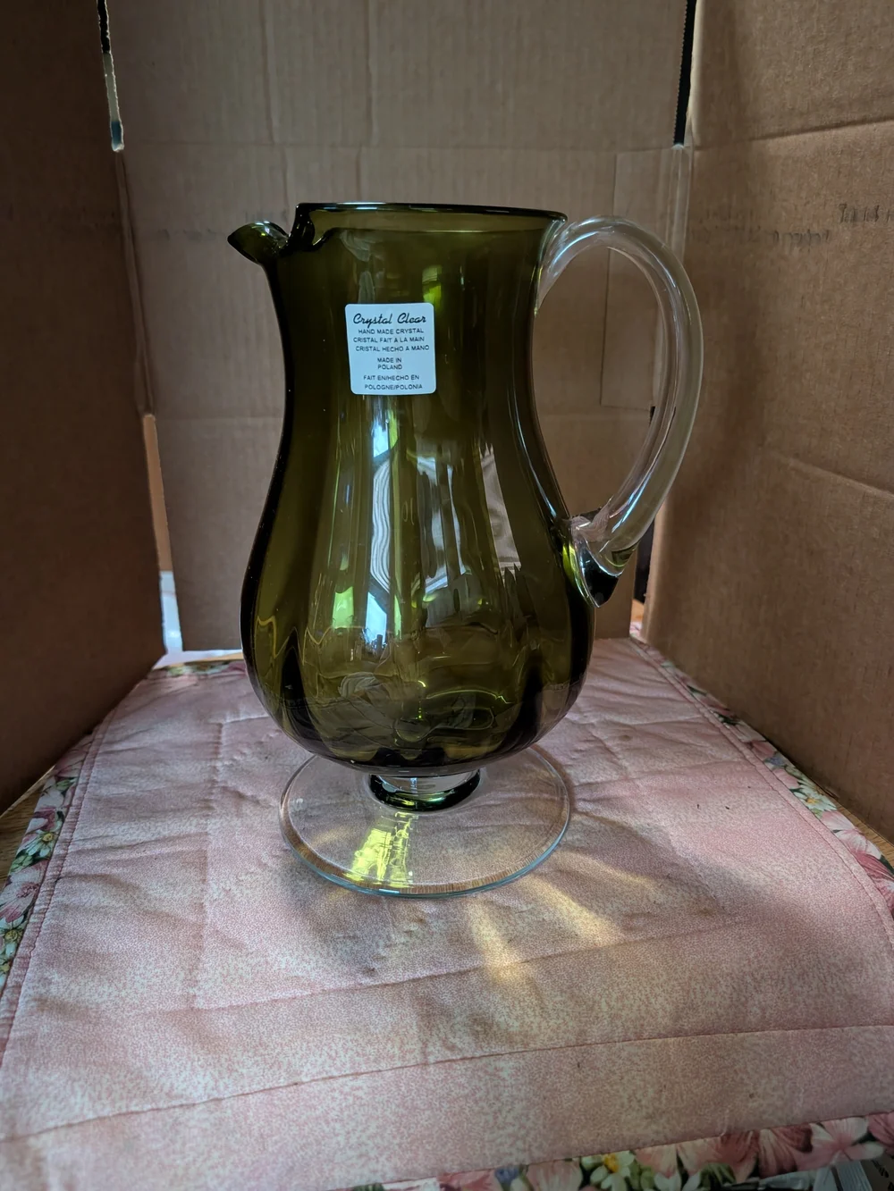 Olive Glass Pitcher with Clear Handle - Home Dining Serveware